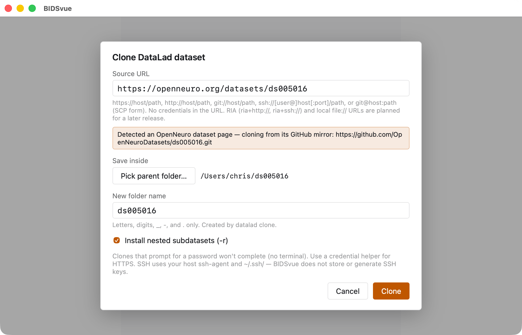 The “Clone DataLad dataset” panel set up to import the OpenNeuro ds005016 dataset.