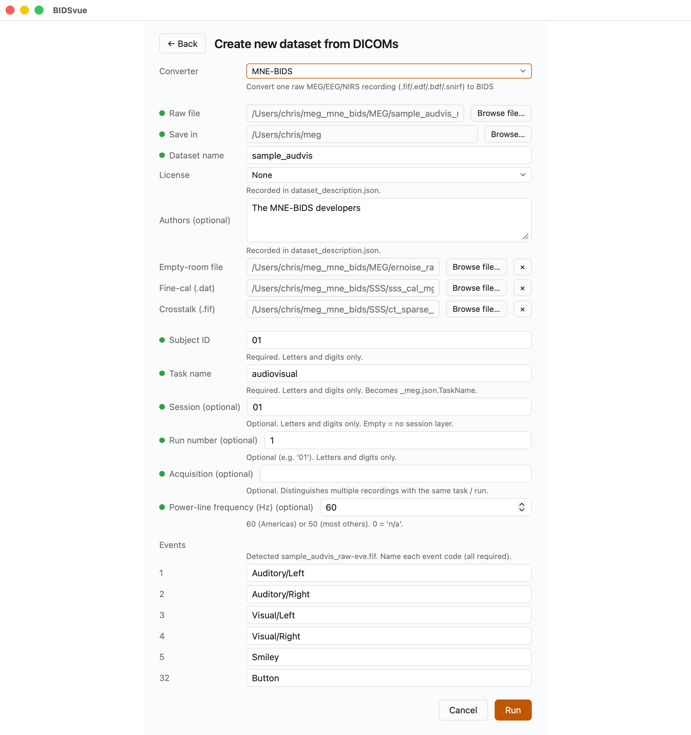 The “Create new dataset from DICOMs” panel with the mne-bids converter selected.