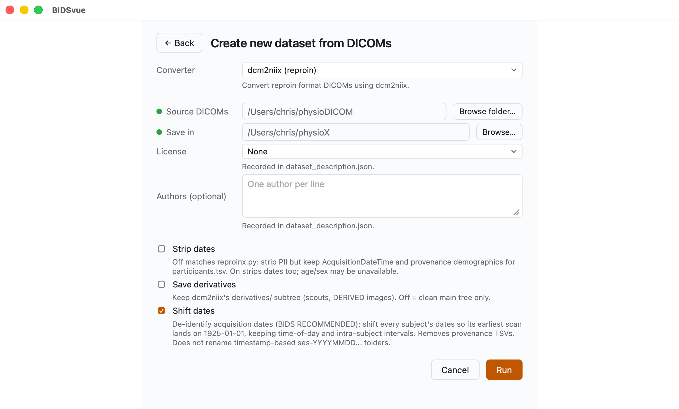 The “Create new dataset from DICOMs” panel set up for a physiology conversion.