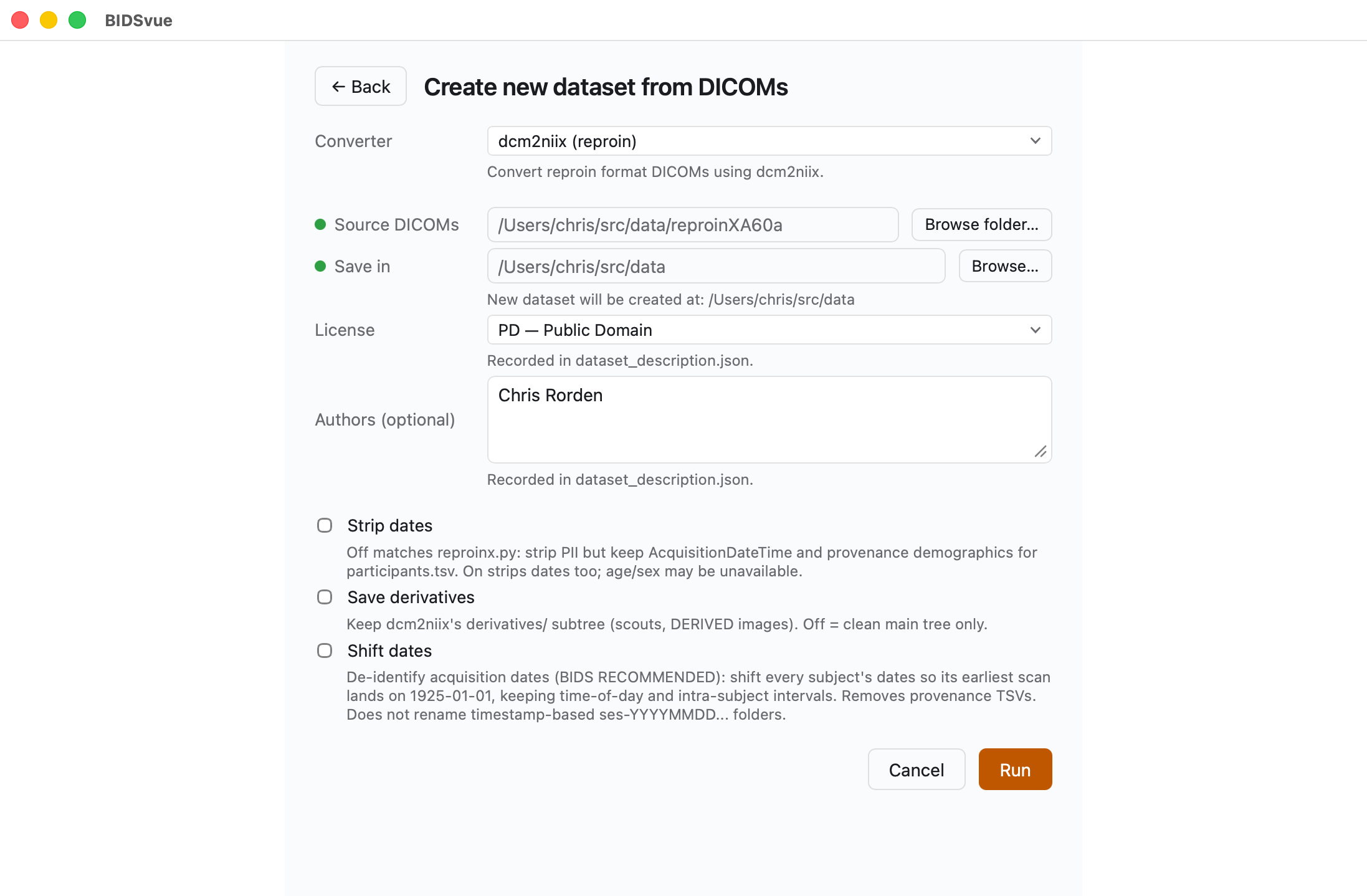 The “Create new dataset from DICOMs” panel with the reproin converter selected.