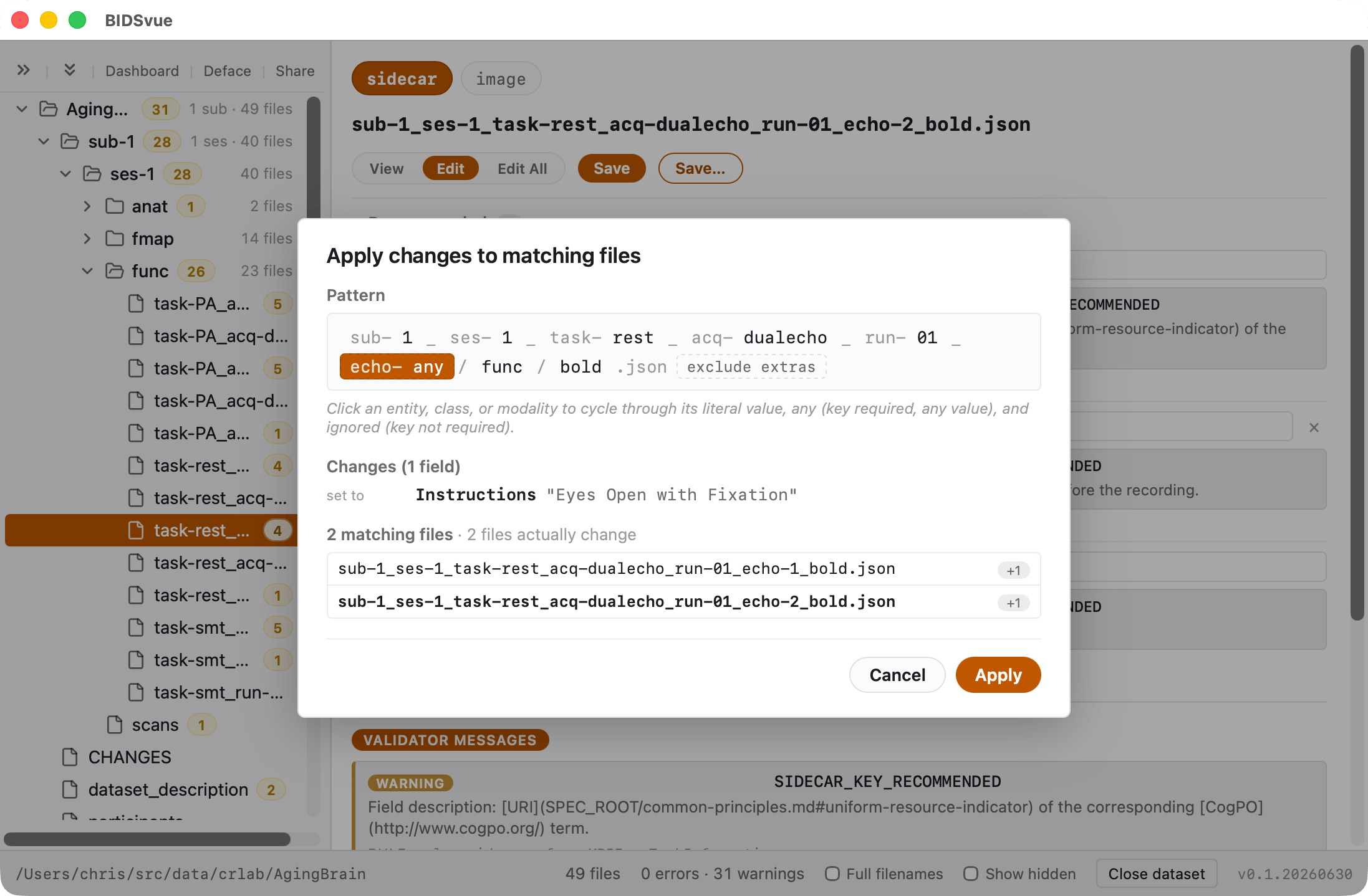 Selecting which files to apply the sidecar change to.
