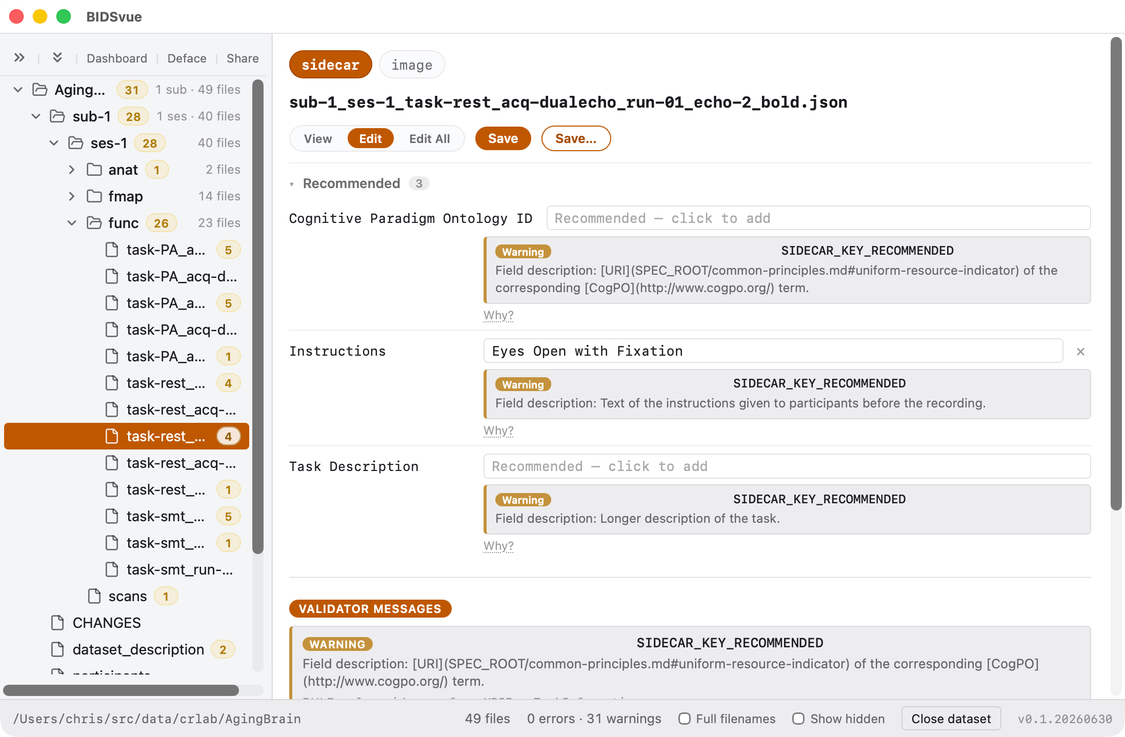 Editing the bold sidecar's Instructions field.