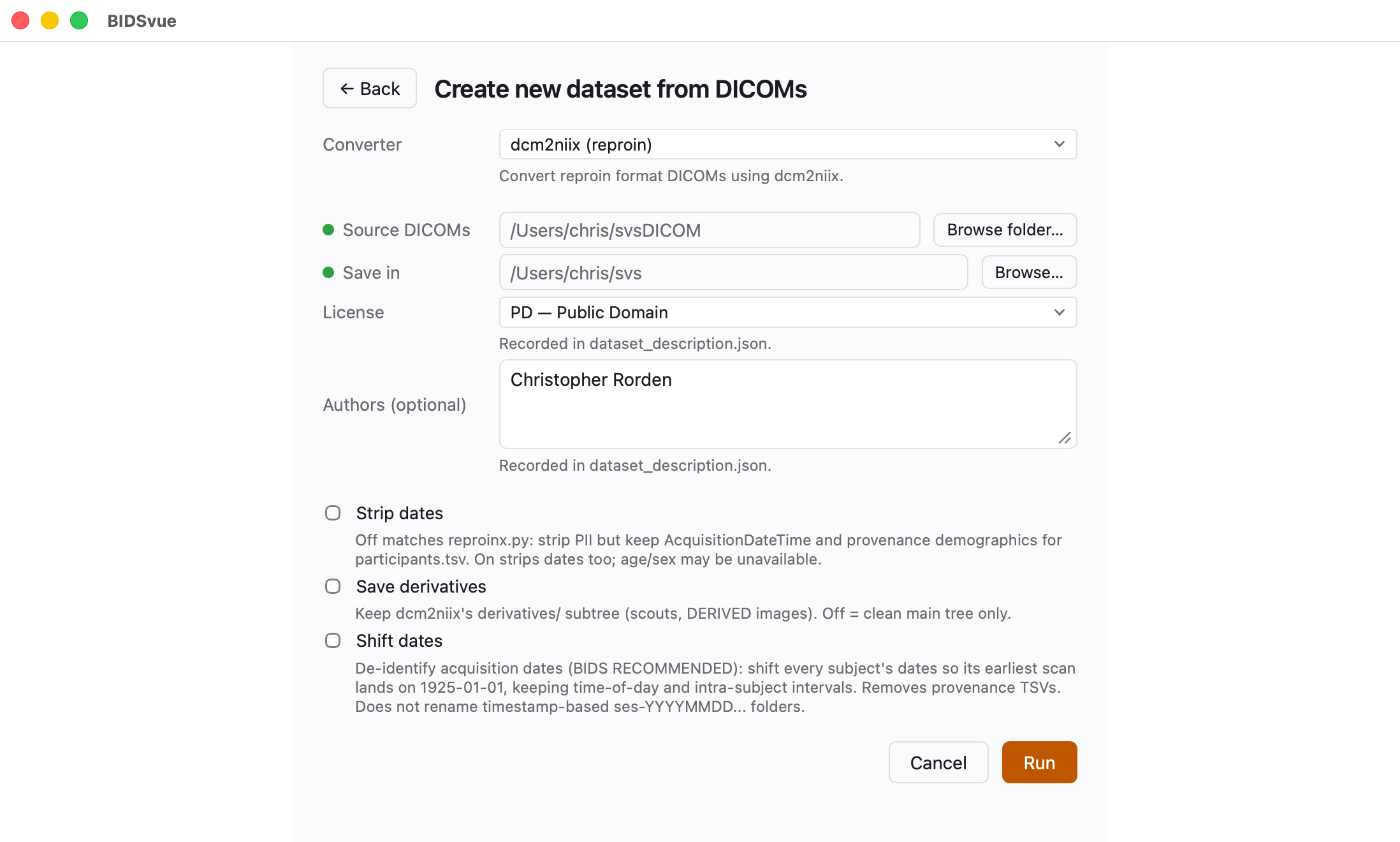 The “Create new dataset from DICOMs” panel set up for an MRS conversion.