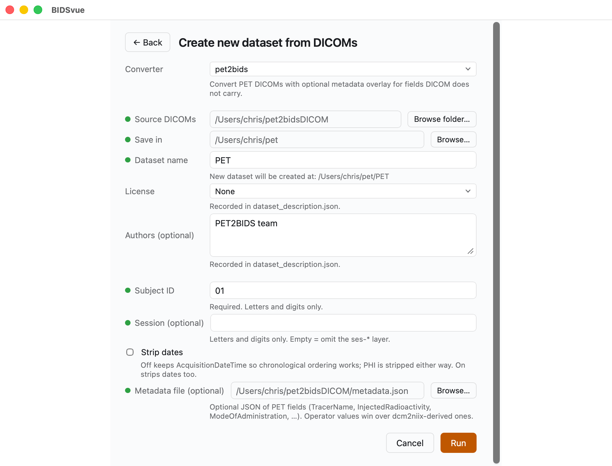 The “Create new dataset from DICOMs” panel with the pet2bids converter selected.