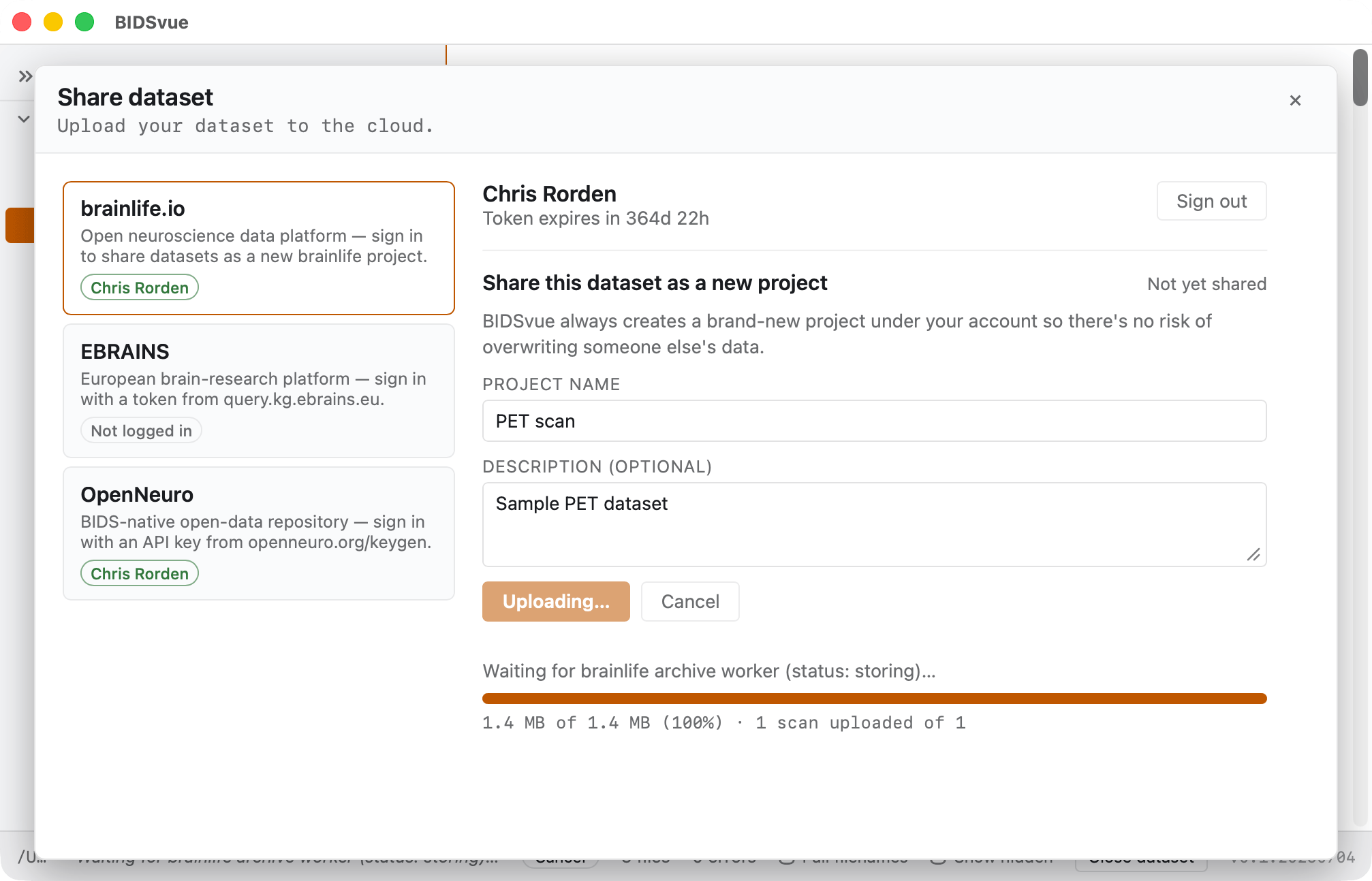 Sharing the finished dataset to brainlife.